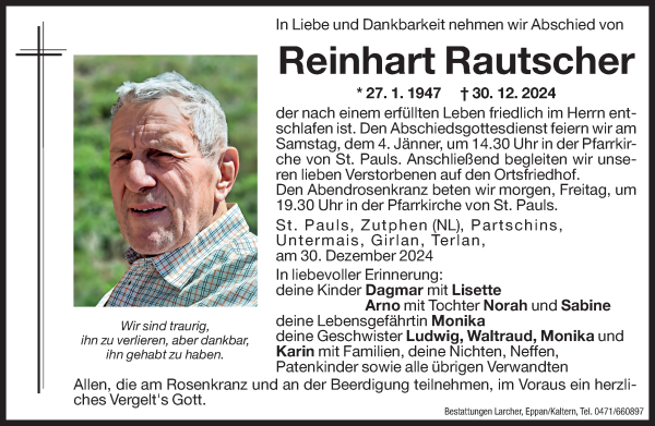 Traueranzeige von Reinhart Rautscher von Dolomiten