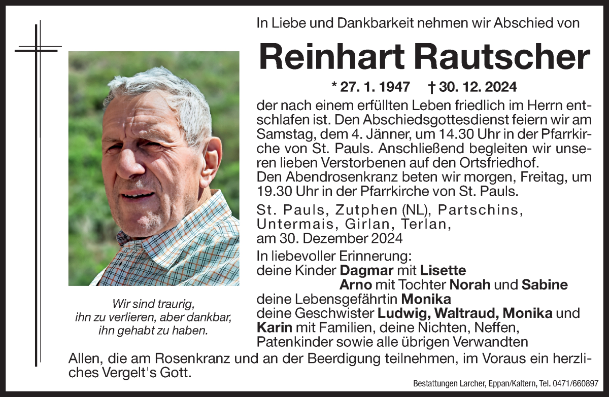  Traueranzeige für Reinhart Rautscher vom 02.01.2025 aus Dolomiten