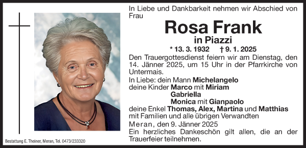 Traueranzeige von Rosa Piazzi von Dolomiten