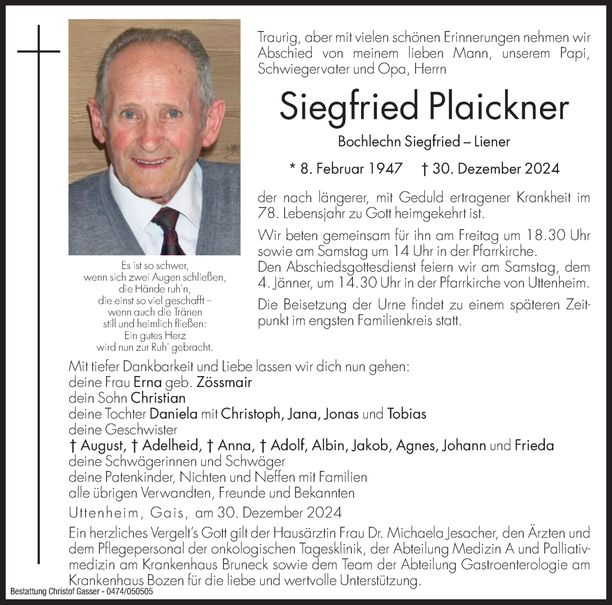  Traueranzeige für Siegfried Plaickner vom 03.01.2025 aus Dolomiten