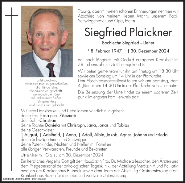 Traueranzeige von Siegfried Plaickner von Dolomiten