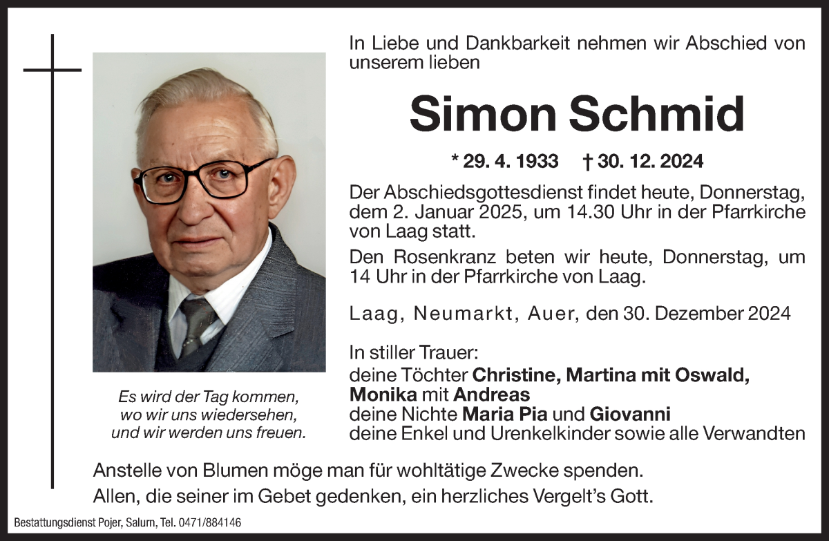  Traueranzeige für Simon Schmid vom 02.01.2025 aus Dolomiten