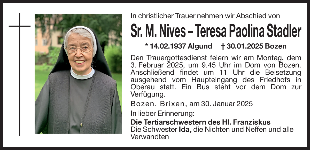  Traueranzeige für Sr. M. Nives Teresa Paolina Stadler vom 31.01.2025 aus Dolomiten