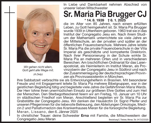 Traueranzeige von Sr. Maria Pia Brugger CJ von Dolomiten