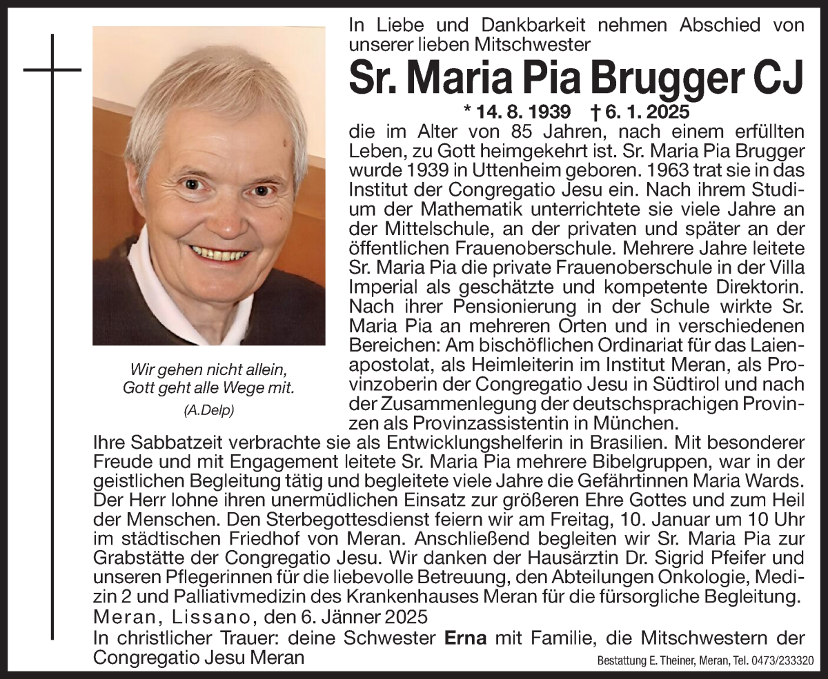  Traueranzeige für Sr. Maria Pia Brugger CJ vom 08.01.2025 aus Dolomiten