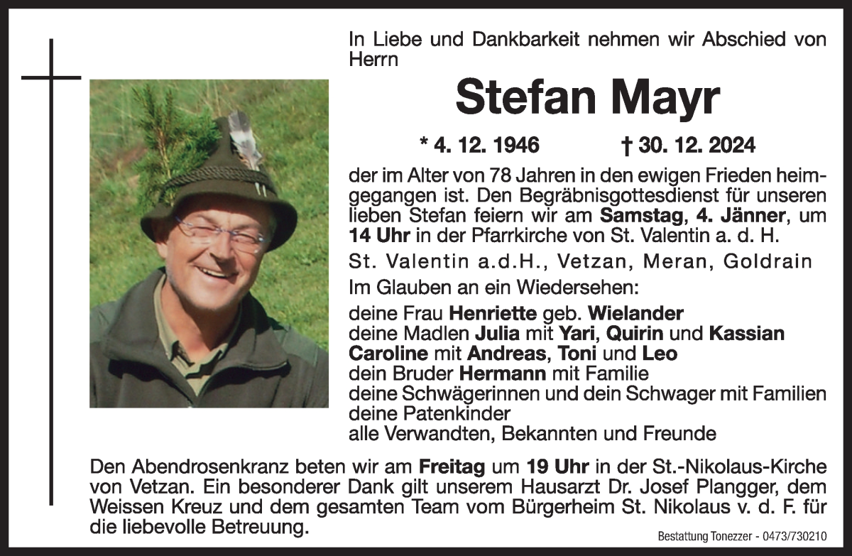  Traueranzeige für Stefan Mayr vom 03.01.2025 aus Dolomiten