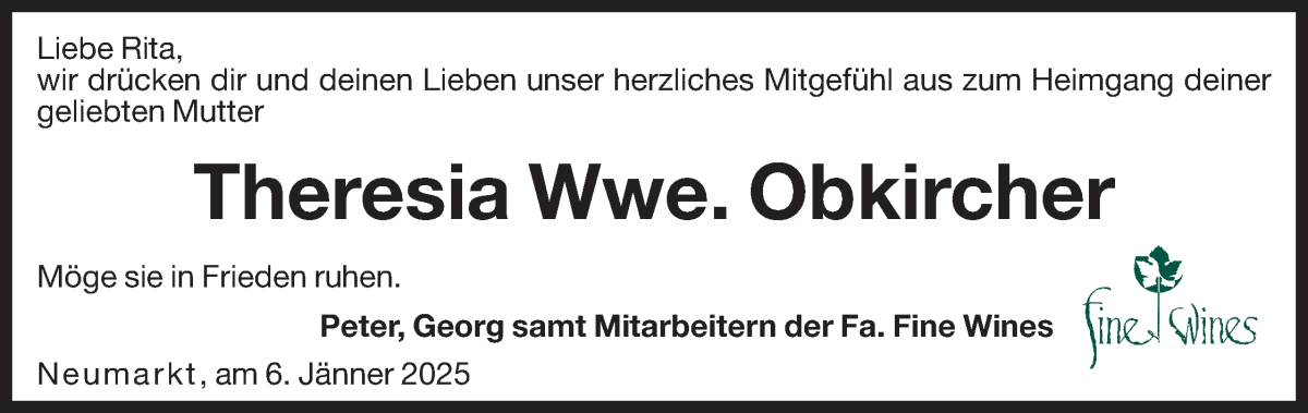  Traueranzeige für Theresia Obkircher vom 09.01.2025 aus Dolomiten