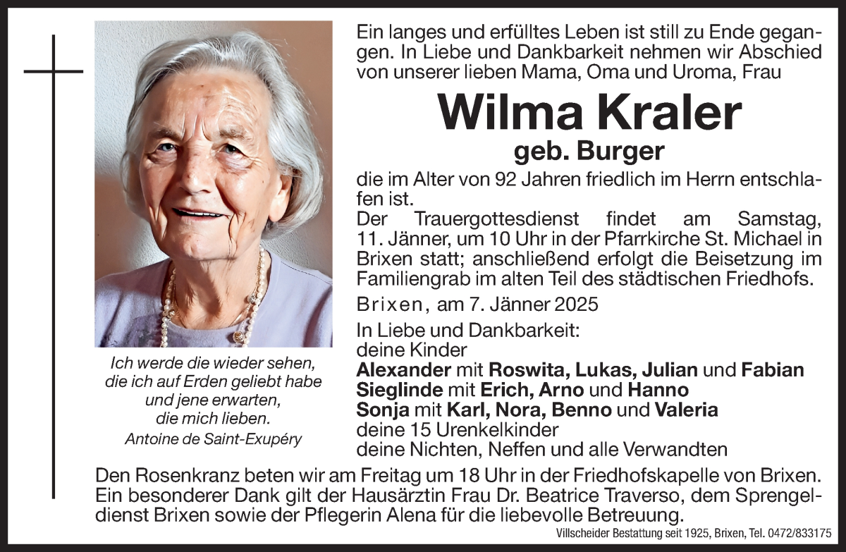  Traueranzeige für Wilma Kraler vom 09.01.2025 aus Dolomiten