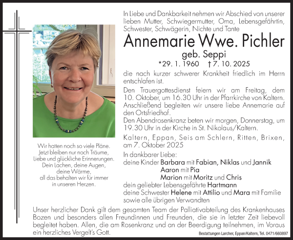 Traueranzeige von Annemarie Pichler von Dolomiten