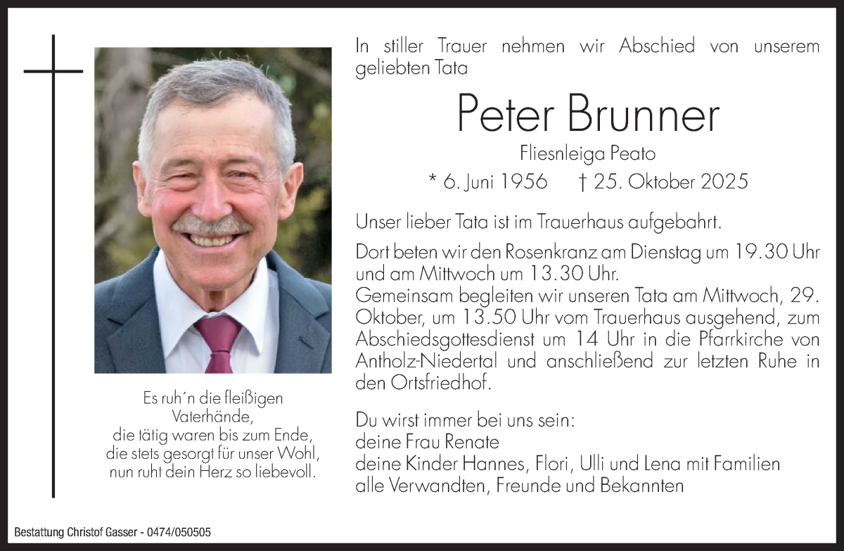  Traueranzeige für Peter Brunner vom 28.10.2025 aus Dolomiten