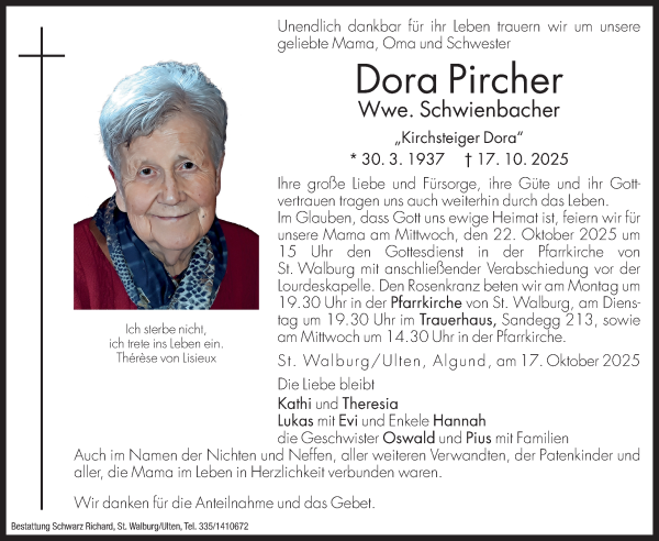 Traueranzeige von Dora Schwienbacher geb. Pircher von Dolomiten