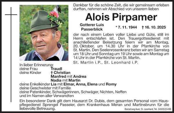 Traueranzeige von Alois Pirpamer von Dolomiten