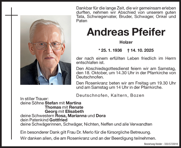 Traueranzeige von Andreas Pfeifer von Dolomiten