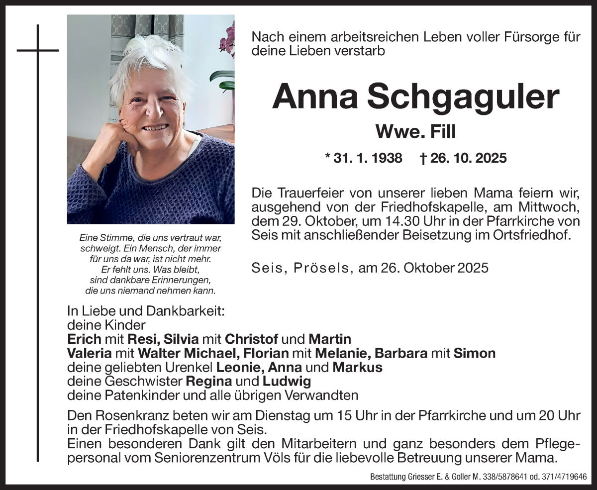  Traueranzeige für Anna Fill vom 28.10.2025 aus Dolomiten