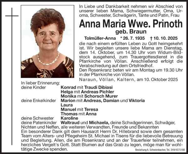 Traueranzeige von Anna Maria Prinoth von Dolomiten