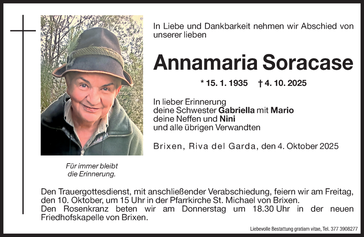  Traueranzeige für Annamaria Soracase vom 07.10.2025 aus Dolomiten