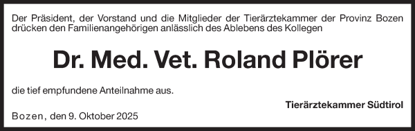 Traueranzeige von Dr. Roland Plörer von Dolomiten