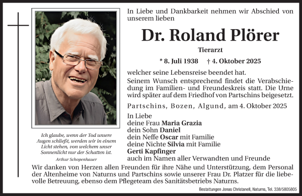 Traueranzeige von Dr. Roland Plörer von Dolomiten