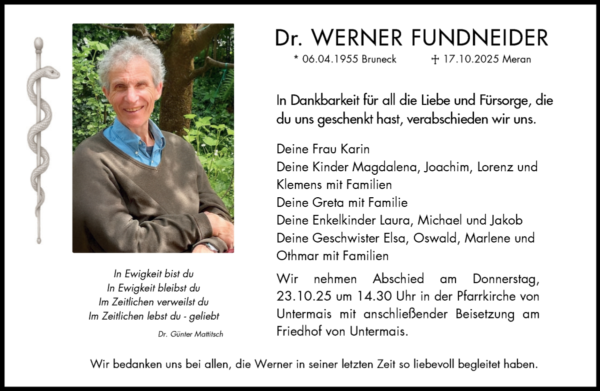  Traueranzeige für Dr. Werner Fundneider vom 20.10.2025 aus Dolomiten