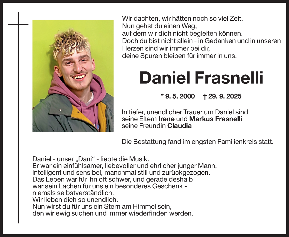  Traueranzeige für Daniel Frasnelli vom 08.10.2025 aus Dolomiten