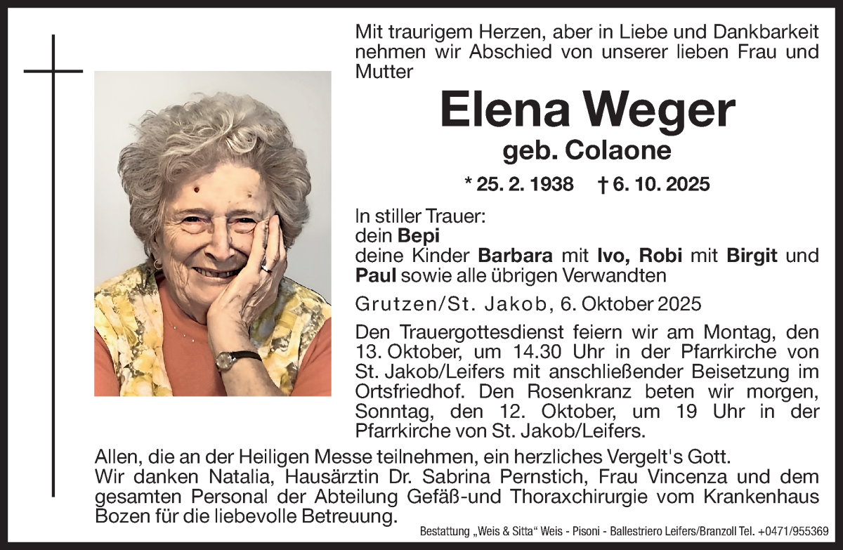  Traueranzeige für Elena Weger vom 11.10.2025 aus Dolomiten