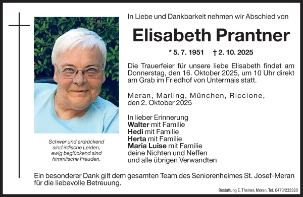 Traueranzeige von Elisabeth Prantner von Dolomiten