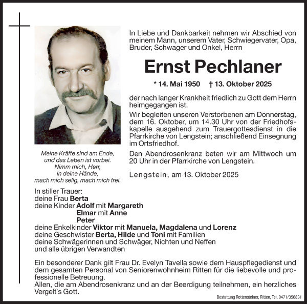 Traueranzeige von Ernst Pechlaner von Dolomiten