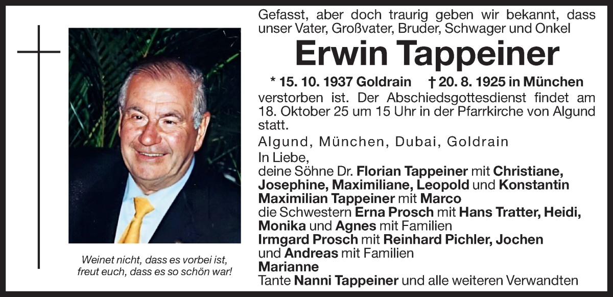  Traueranzeige für Erwin Tappeiner vom 03.10.2025 aus Dolomiten