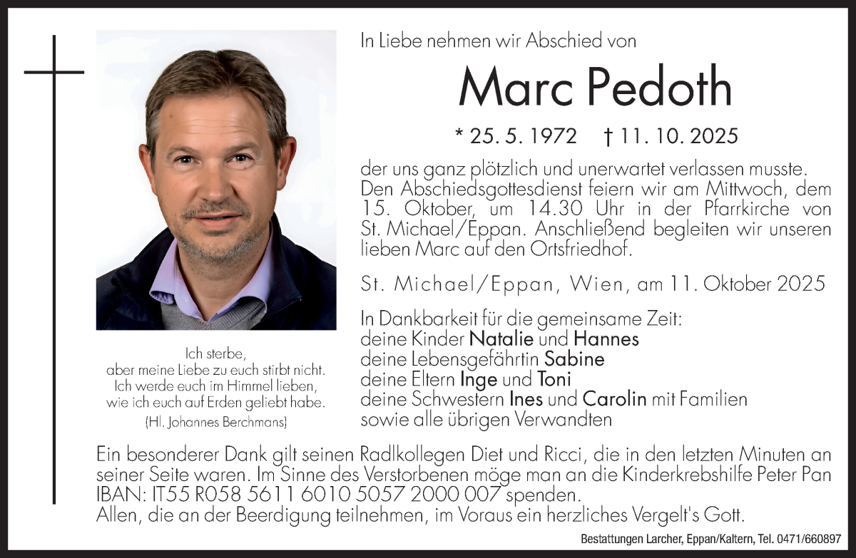  Traueranzeige für Marc Pedoth vom 13.10.2025 aus Dolomiten