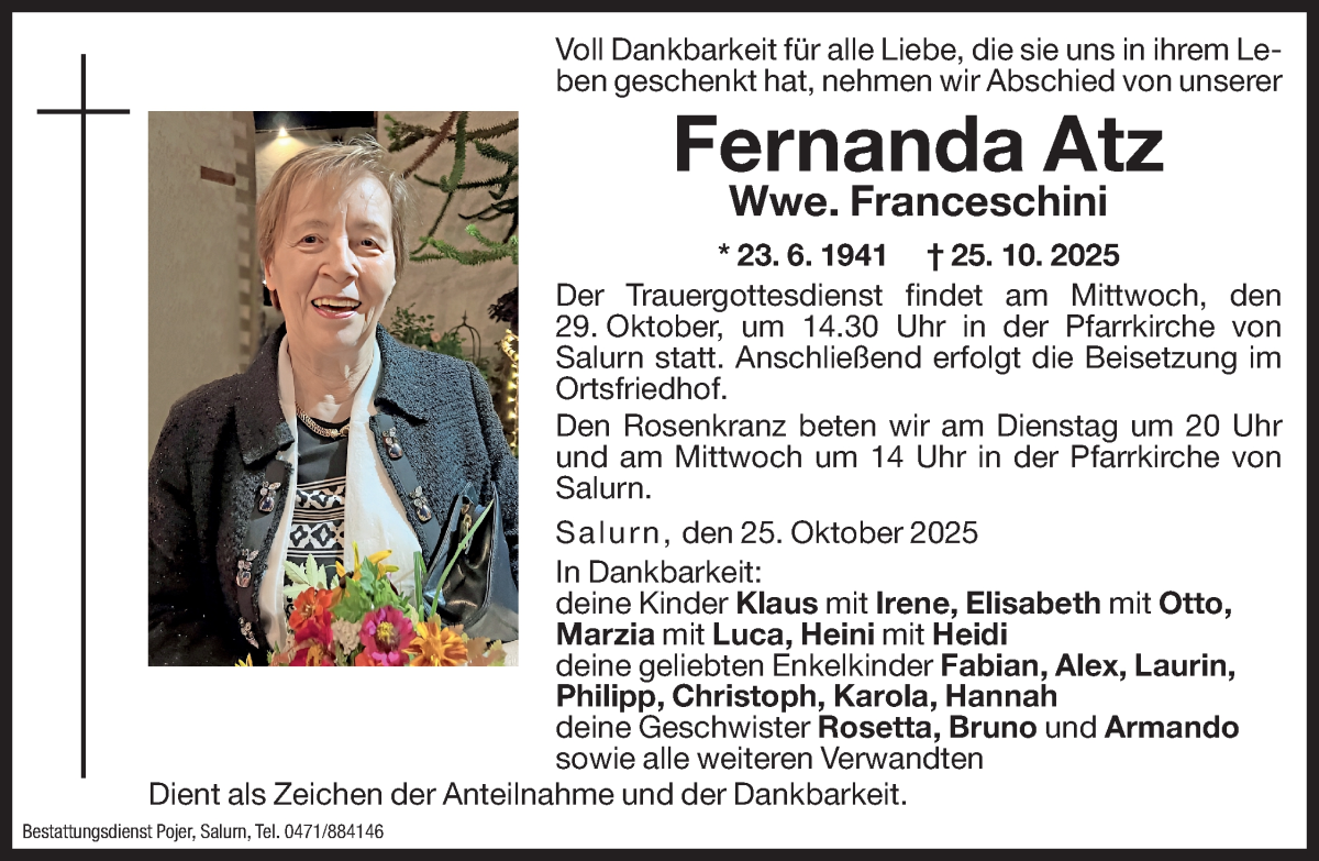  Traueranzeige für Fernanda Franceschini vom 27.10.2025 aus Dolomiten