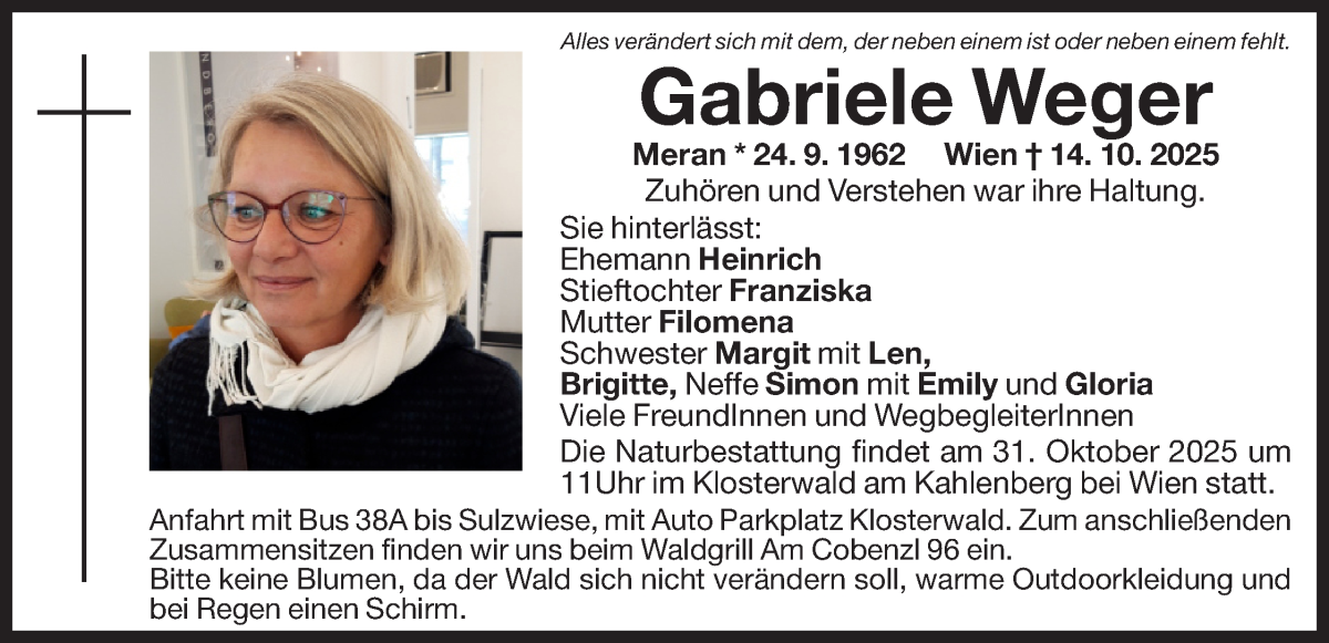  Traueranzeige für Gabriele Weger vom 22.10.2025 aus Dolomiten