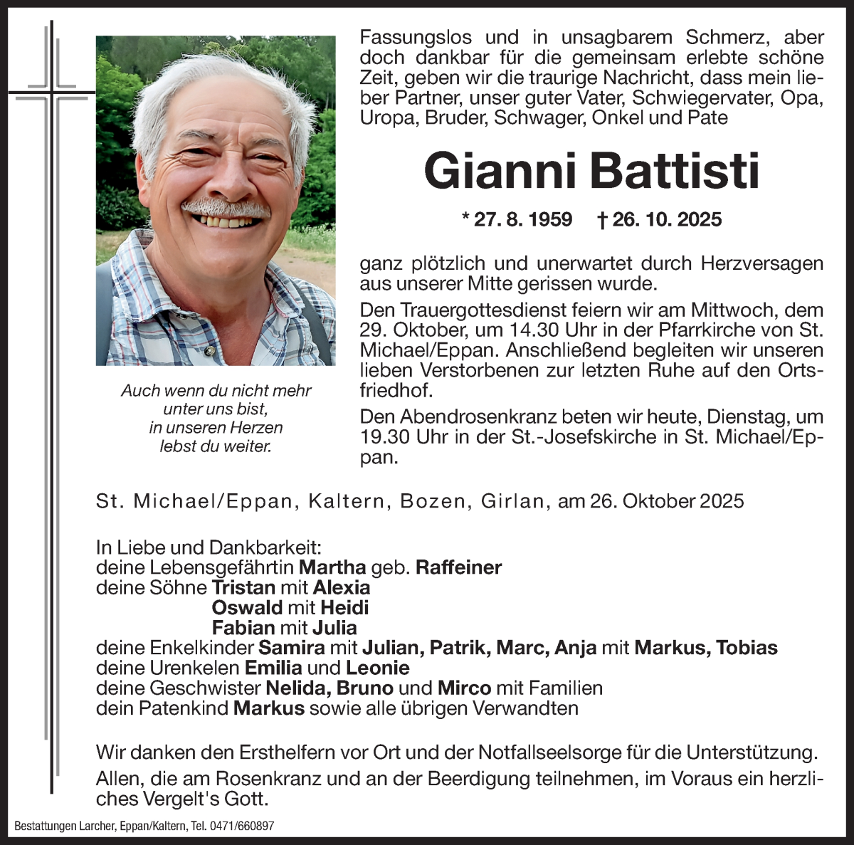  Traueranzeige für Gianni Battisti vom 28.10.2025 aus Dolomiten