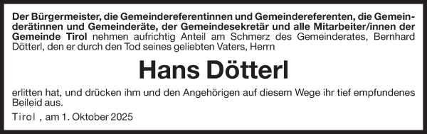 Traueranzeige von Hans Dötterl von Dolomiten