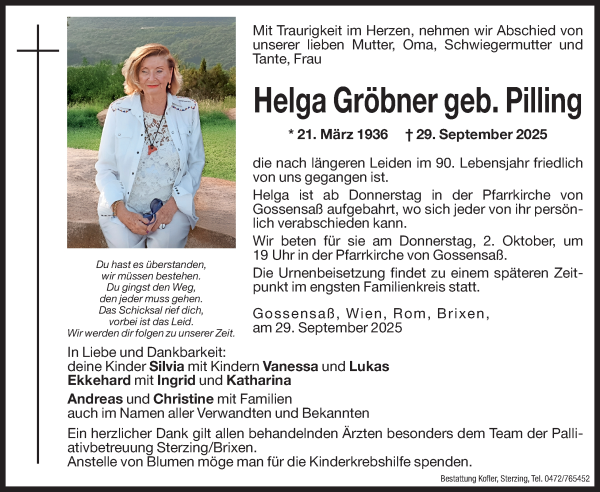 Traueranzeige von Helga Gröbner von Dolomiten