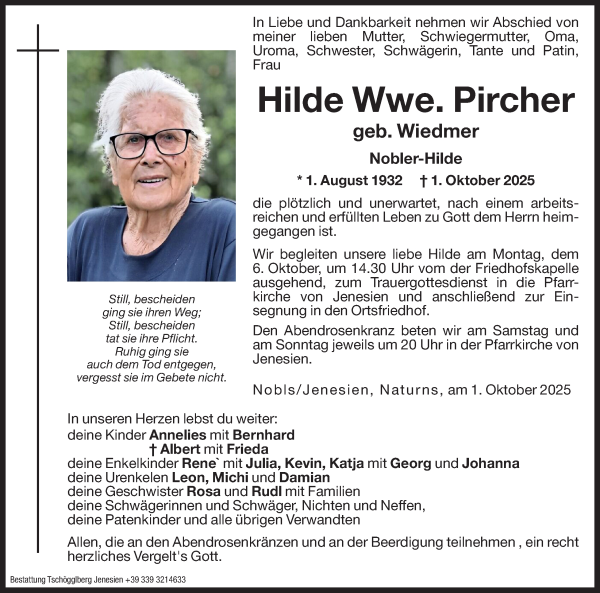 Traueranzeige von Hilde Pircher von Dolomiten