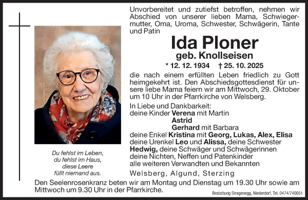 Traueranzeige von Ida Ploner von Dolomiten