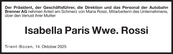 Traueranzeige von Isabella Rossi von Dolomiten
