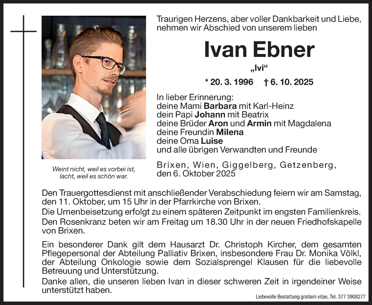  Traueranzeige für Ivan Ebner vom 08.10.2025 aus Dolomiten