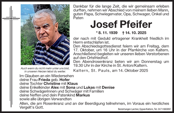 Traueranzeige von Josef Pfeifer von Dolomiten