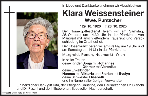 Traueranzeige von Klara Puntscher von Dolomiten