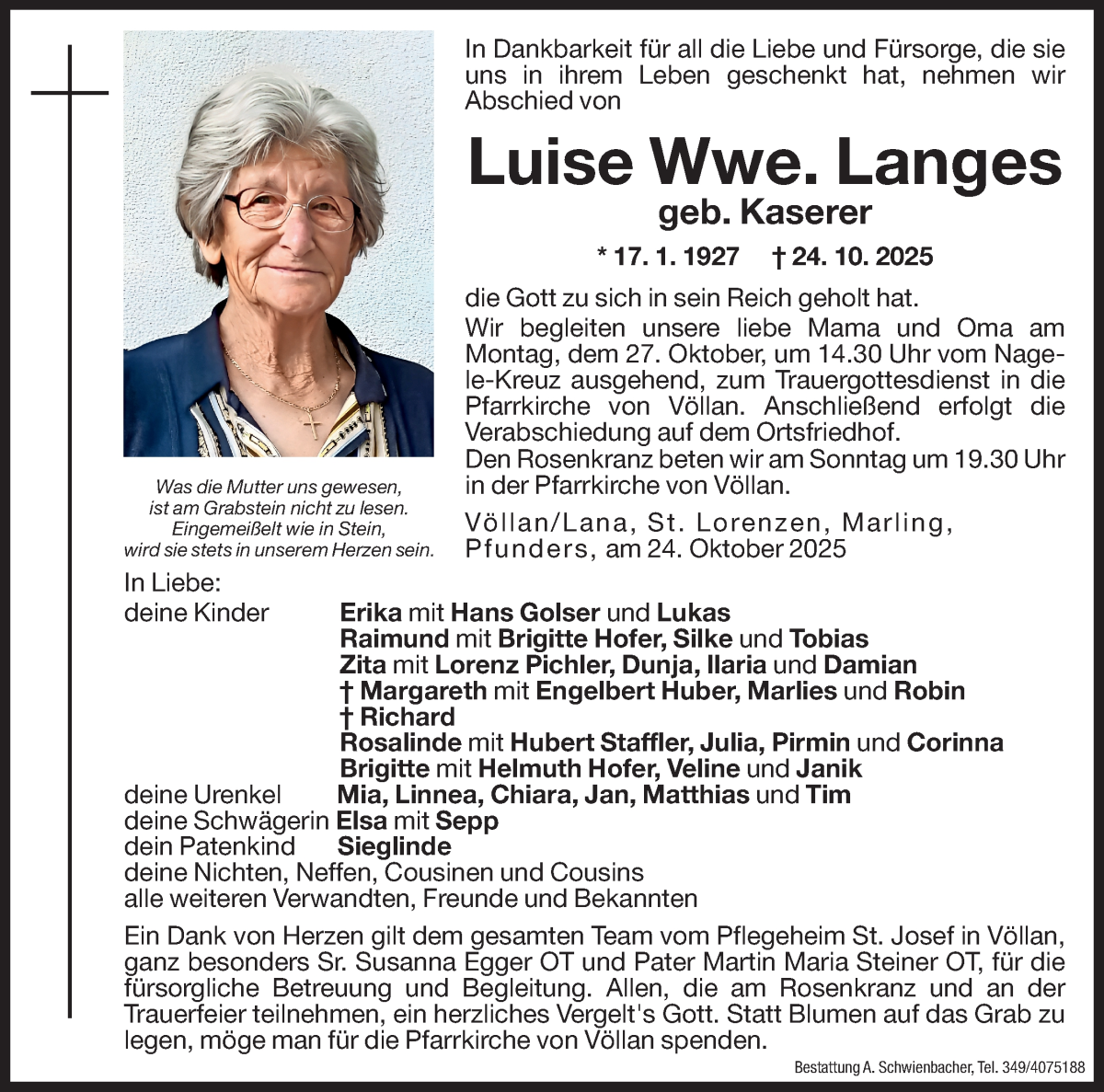  Traueranzeige für Luise Langes vom 25.10.2025 aus Dolomiten