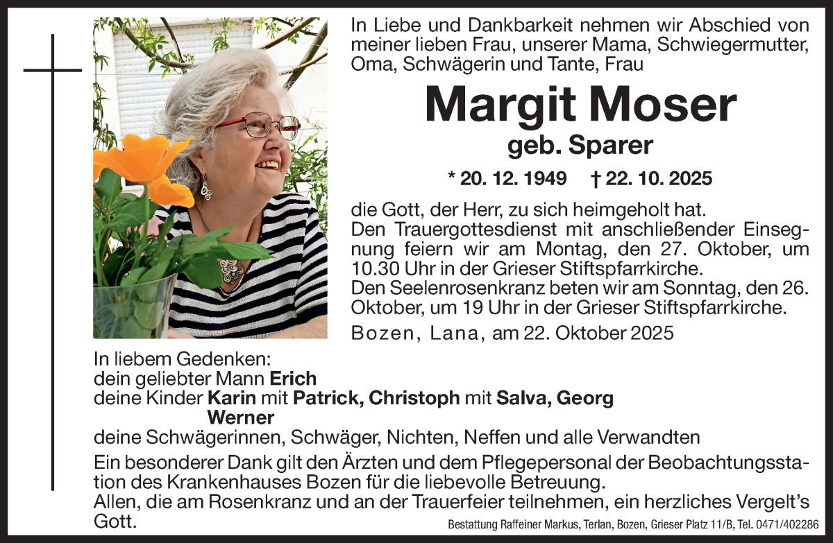  Traueranzeige für Margit Moser vom 24.10.2025 aus Dolomiten