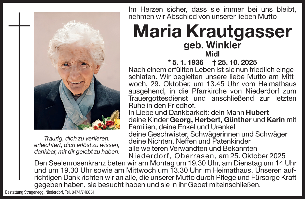  Traueranzeige für Maria Krautgasser vom 27.10.2025 aus Dolomiten