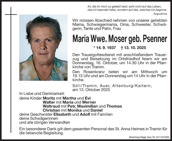 Traueranzeige von Maria Moser von Dolomiten
