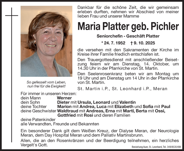 Traueranzeige von Maria Platter von Dolomiten