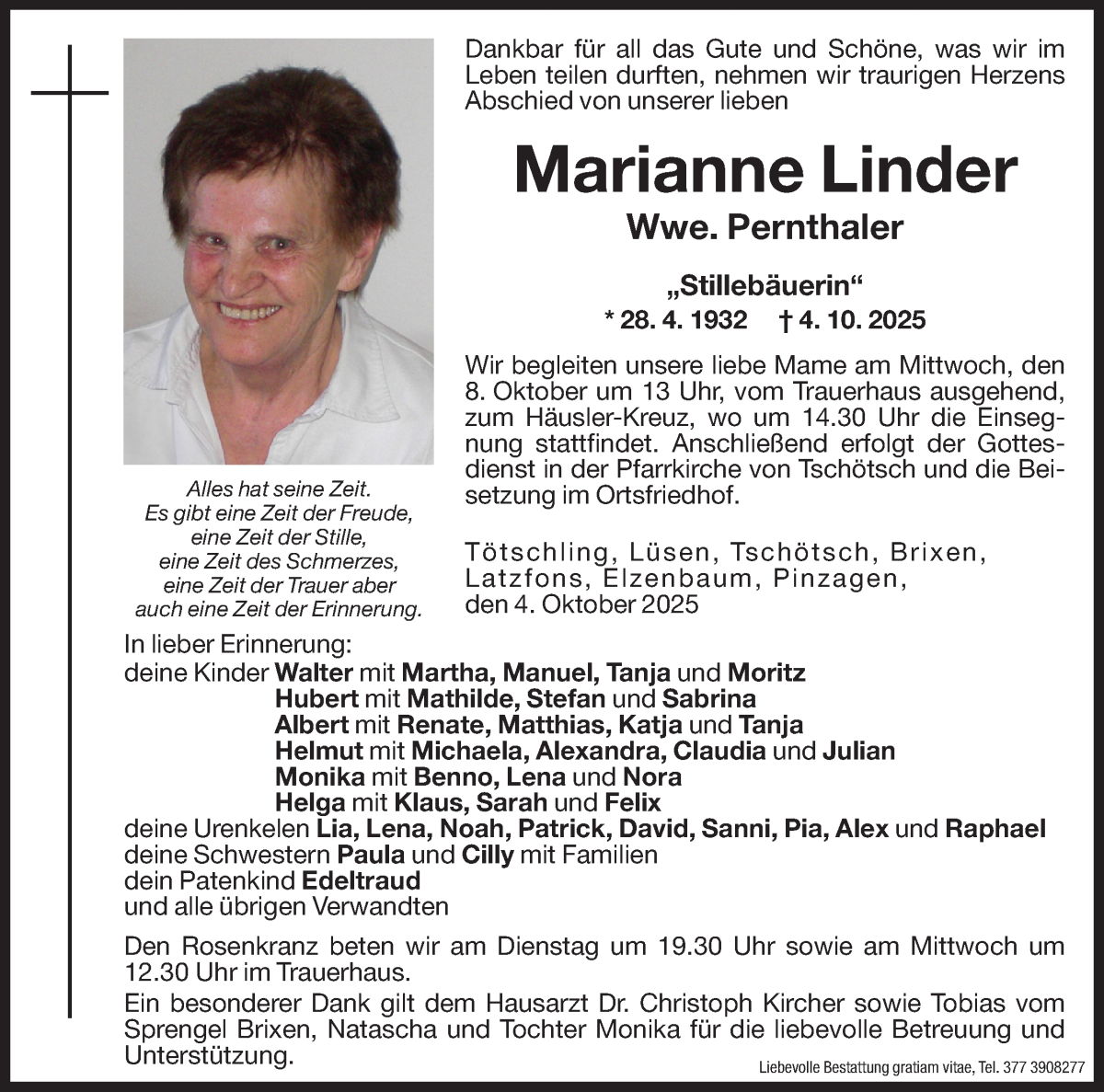  Traueranzeige für Marianne Pernthaler vom 06.10.2025 aus Dolomiten