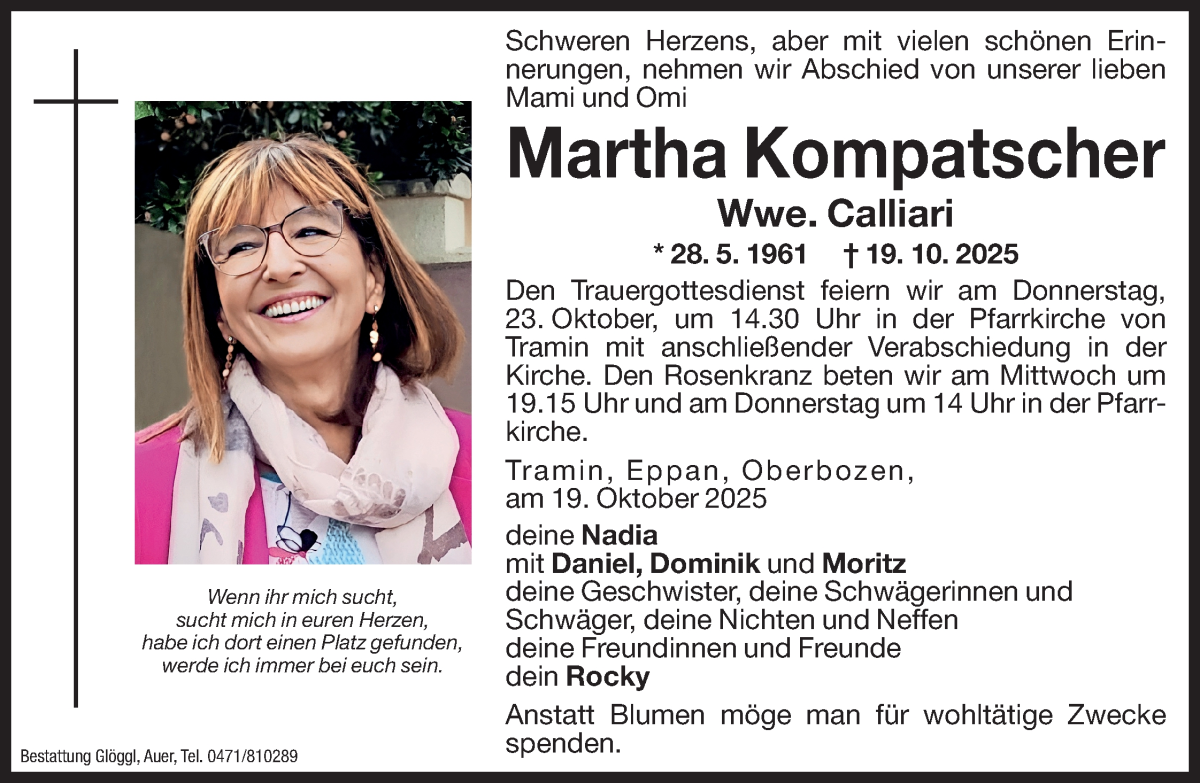  Traueranzeige für Martha Calliari vom 21.10.2025 aus Dolomiten