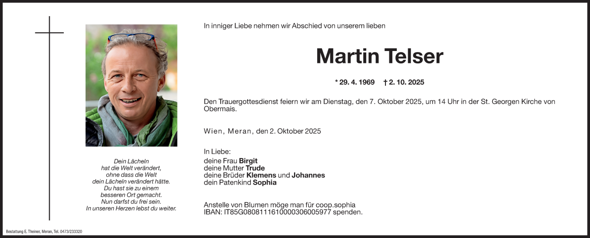  Traueranzeige für Martin Telser vom 04.10.2025 aus Dolomiten