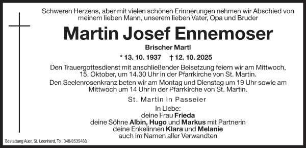 Traueranzeige von Martin Josef Ennemoser von Dolomiten