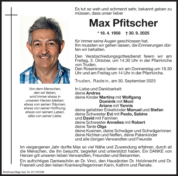 Traueranzeige von Max Pfitscher von Dolomiten